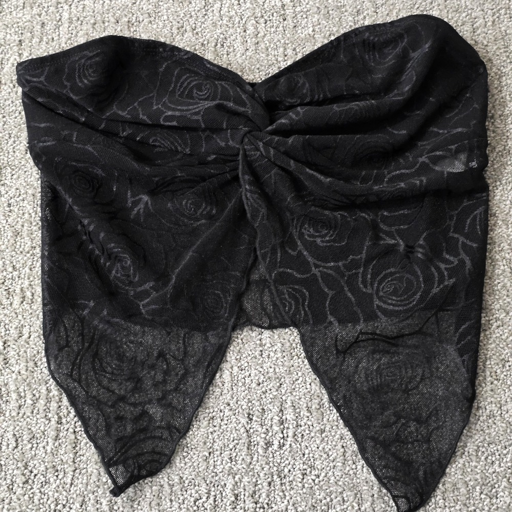 Black Rose Floral Mesh Handkerchief Hem Tube Top Strapless Sweetheart Knot Front